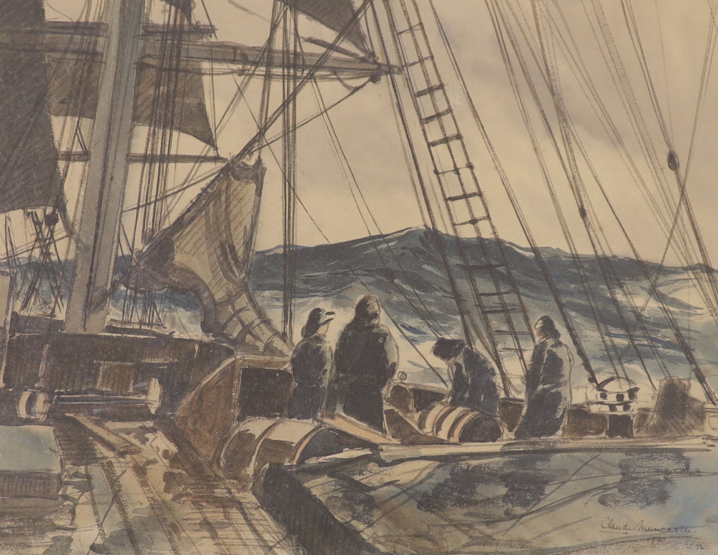 Claude Muncaster (1903-1974), watercolour, Sailors on deck, signed and dated 1930, 25 x 32cm
